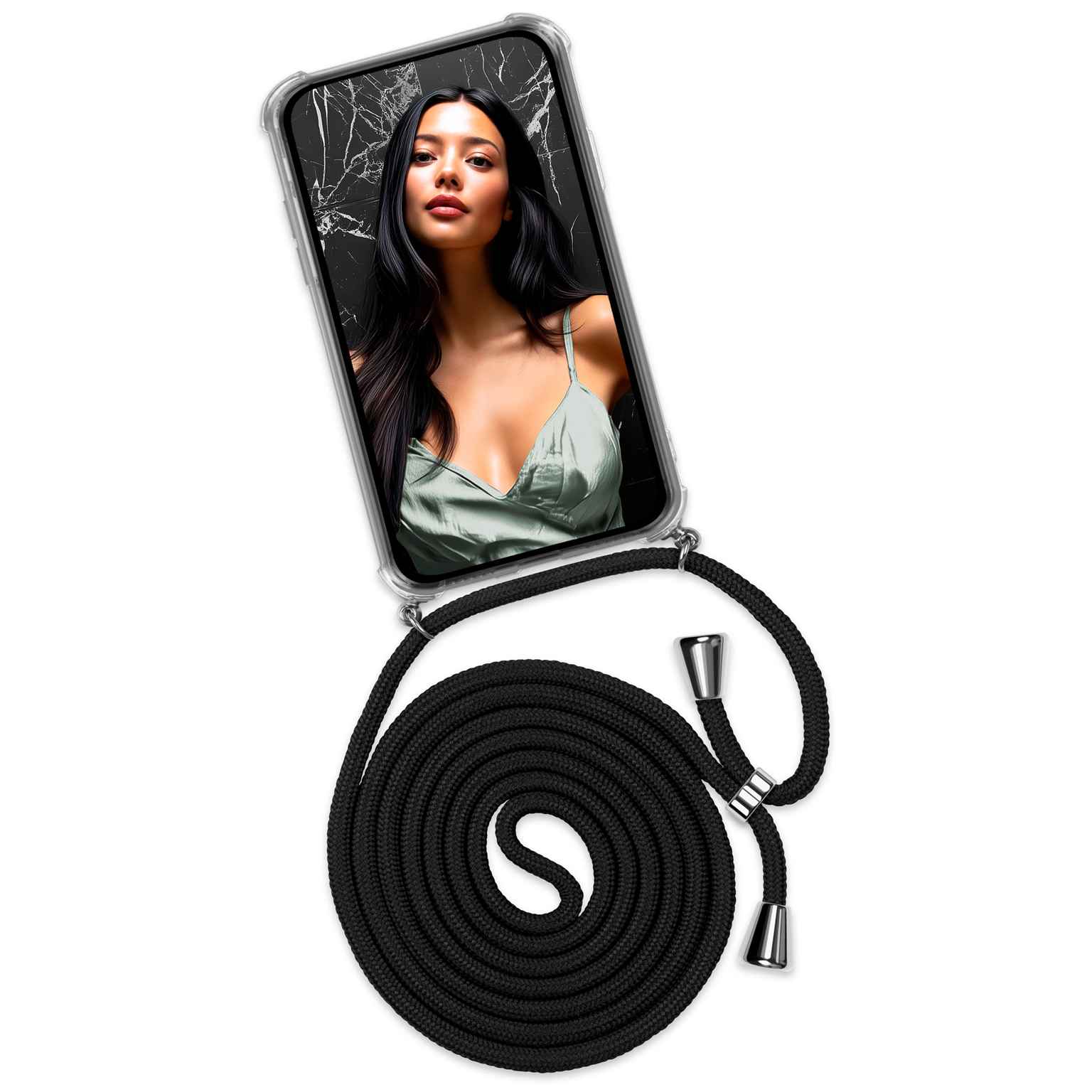 ONEFLOW Twist Case iPhone 16e Handykette – Stoff Kordel – BLACK DIAMOND (SCHWARZ)