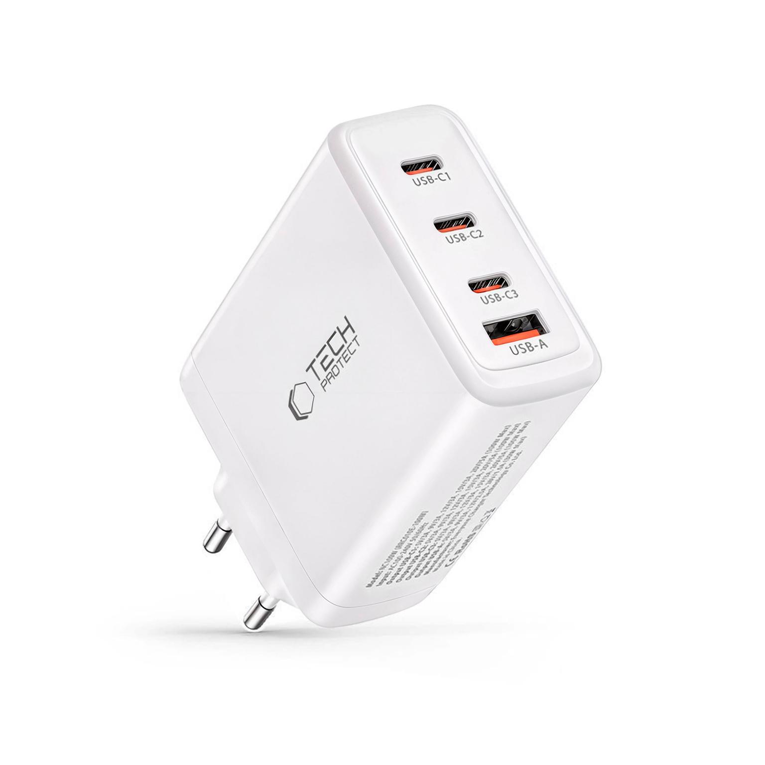 Tech-Protect Power Delivery Ladegerät 100W – USB Ladegerät mehrere Geräte mit USB C und USB A Ports – Weiß