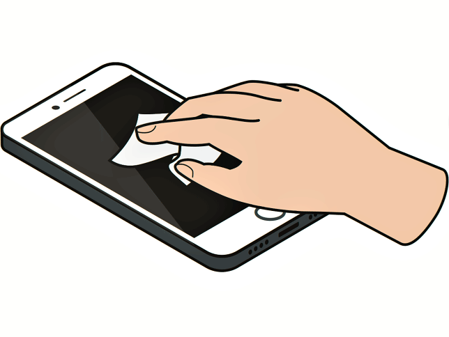 Das Handydisplay wird mit einem Tuch sauber gemacht