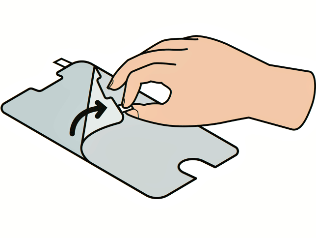 Die Trägerfolie auf der Klebeseite wird von der Schutzfolie abgezogen