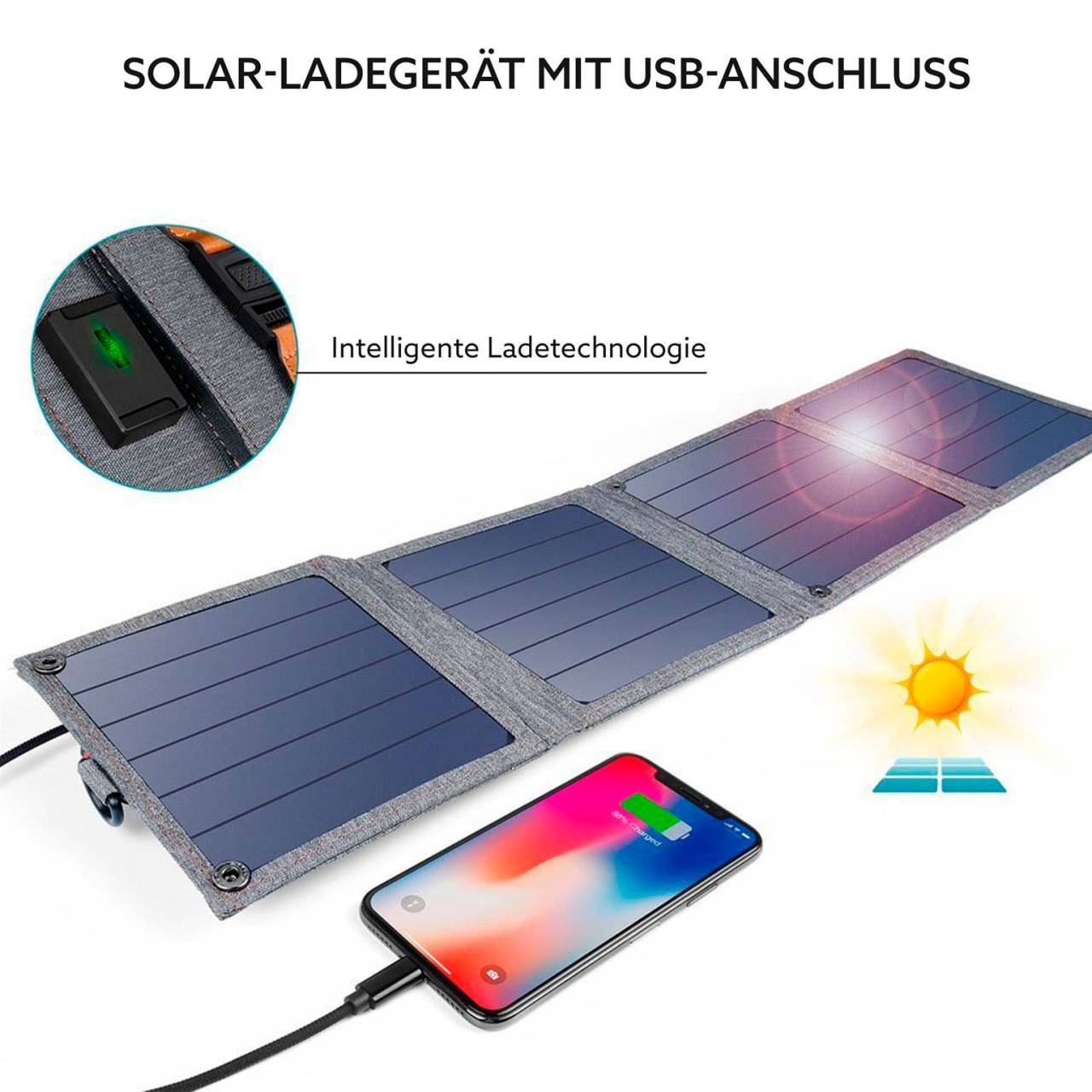 Choetech Reise Solar Ladegerät für Telefone mit USB 14W faltbar – passt zusammengeklappt in die Tasche