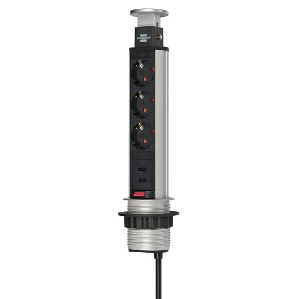 brennenstuhl Tower Power Tischsteckdosenleiste – Versenkbare 3-fach Steckdosenleiste mit 2 USB-Ports