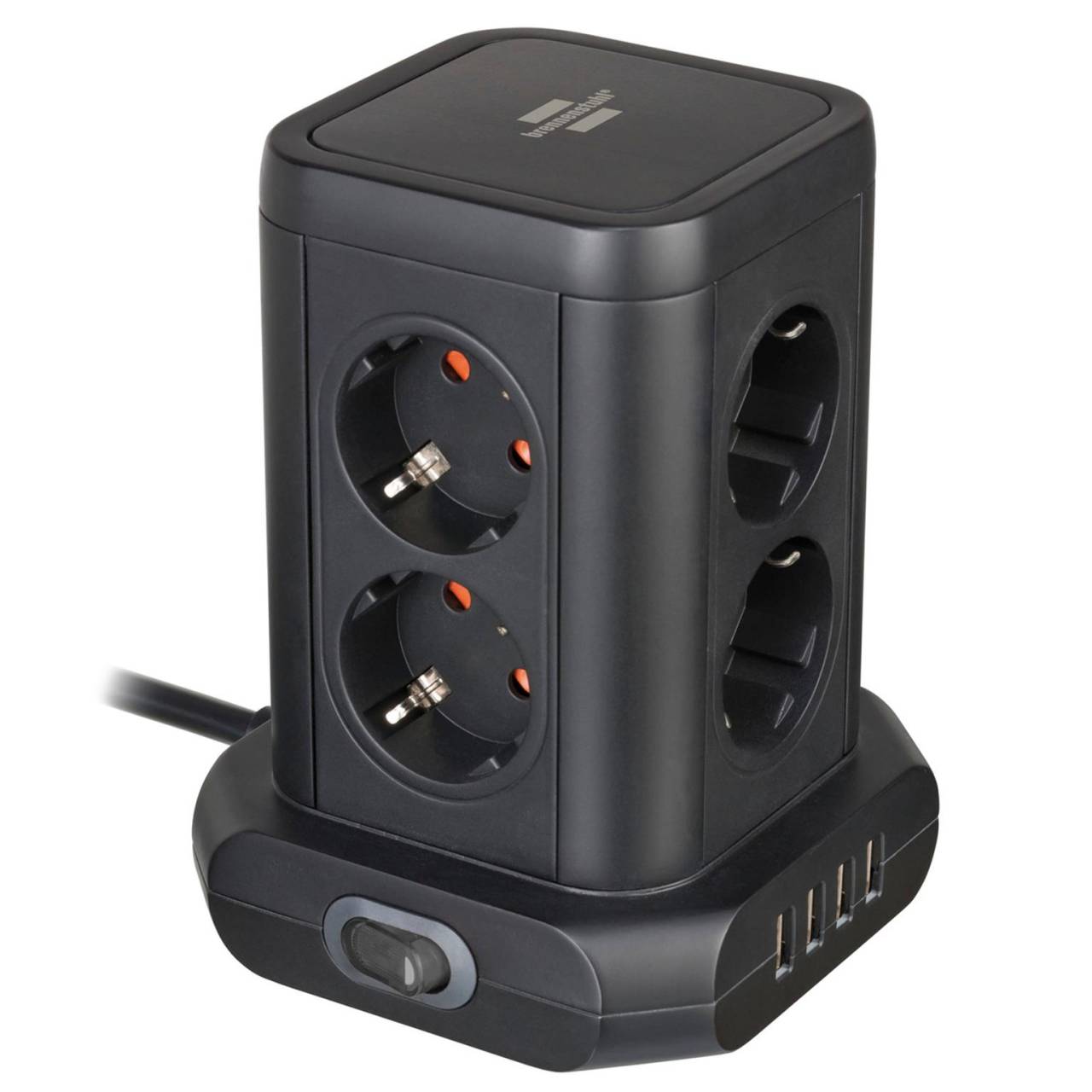 brennenstuhl Steckdosenturm 8-fach – Mehrfachsteckdose, USB-Steckdosenleiste mit Schalter, 2m Kabel
