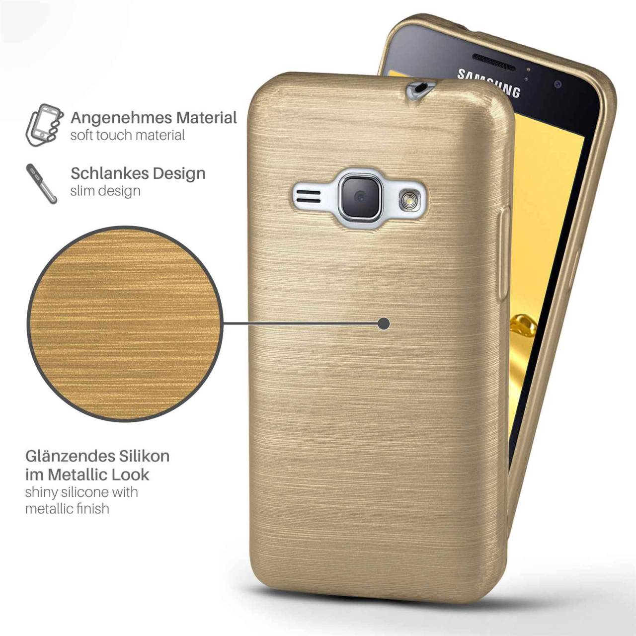 moex Brushed Case für Samsung Galaxy J1 (2016) – Silikon Handyhülle, Backcover in Aluminium Optik