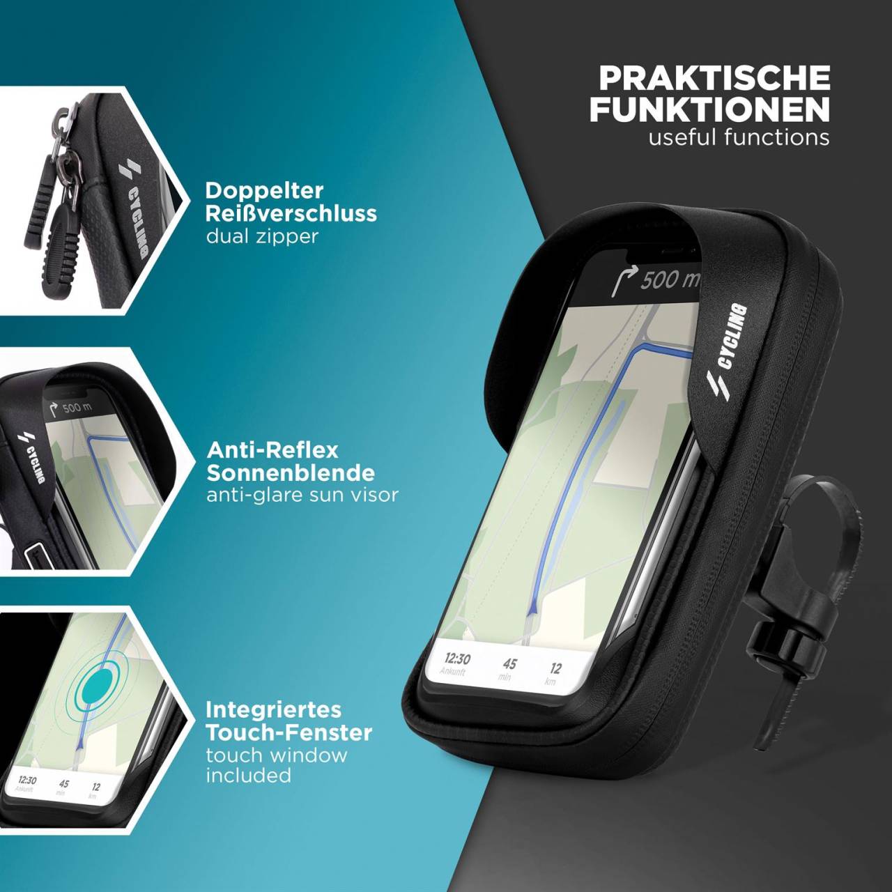 ONEFLOW Trip QR – Fahrrad Lenkertasche mit Touch-Fenster und Sonnenvisier für E-Bike, Trekking, MTB, Motorrad