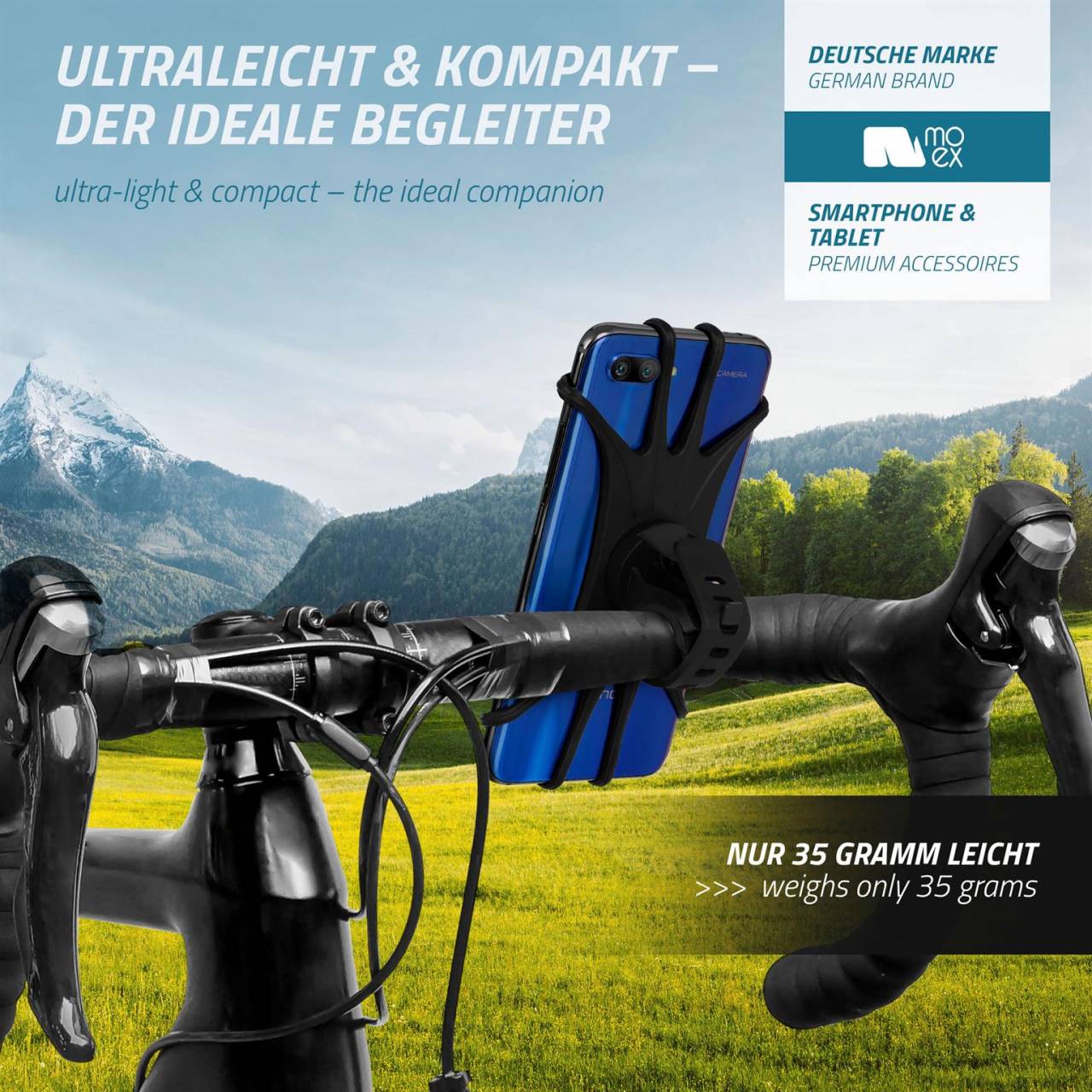 moex Elastic Pro – Fahrrad Handyhalterung aus Gummi zur Befestigung am Lenker – Extra leicht und drehbar