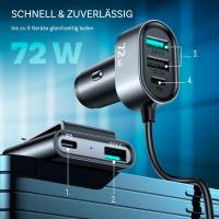 Joyroom Autoladegerät – USB-A, USB-C, QC 3.0, PD 72W, Zigarettenanzünder, 1,5M Kabel