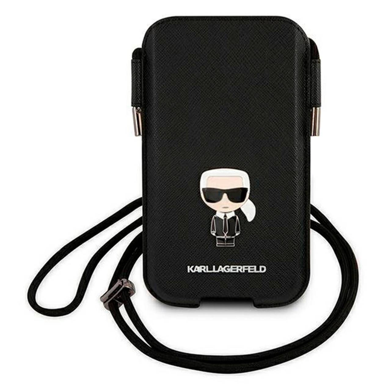 Karl Lagerfeld Saffiano Hardcase Handytasche – Karl Lagerfeld Handyhülle, Smartphone Umhängetasche mit Emblem