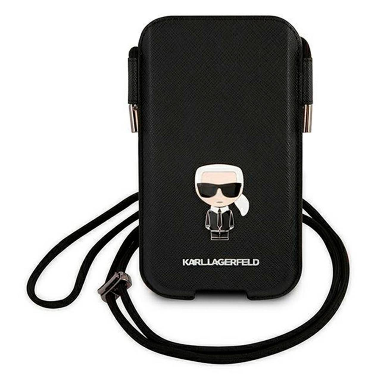 Karl Lagerfeld Saffiano Hardcase Handytasche – elegante Umhängetasche mit Karl Lagerfeld-Konterfei