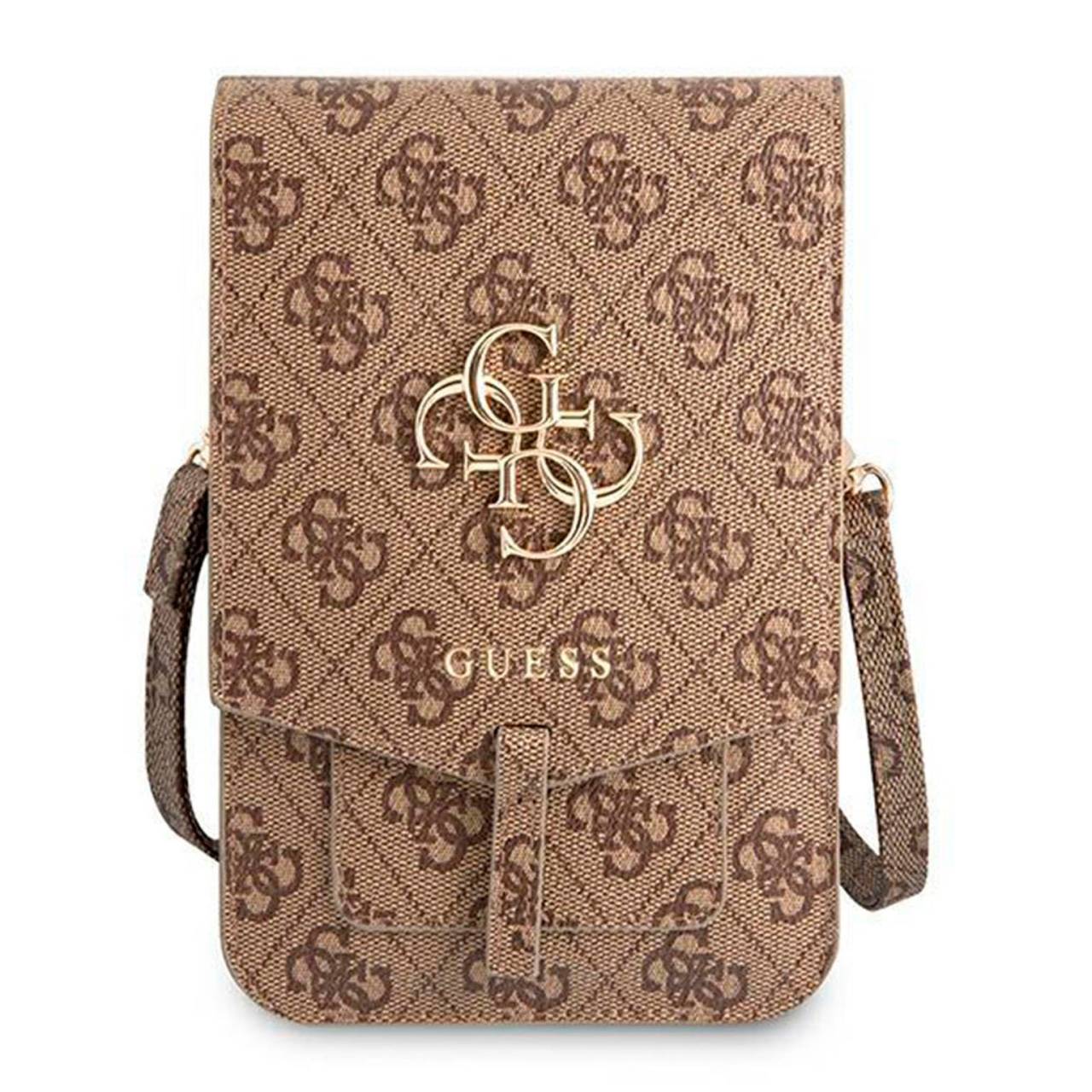 Guess Handtasche – elegante Umhängetasche für Smartphones mit goldenem Big Logo, AllOver 4G Logo Serie