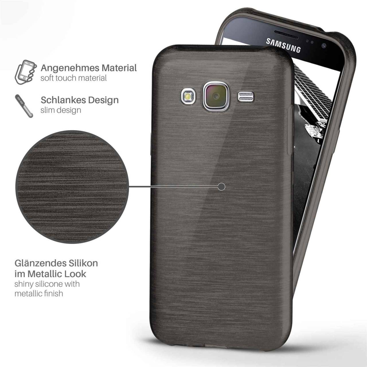 moex Brushed Case für Samsung Galaxy J3 (2016) – Silikon Handyhülle, Backcover in Aluminium Optik