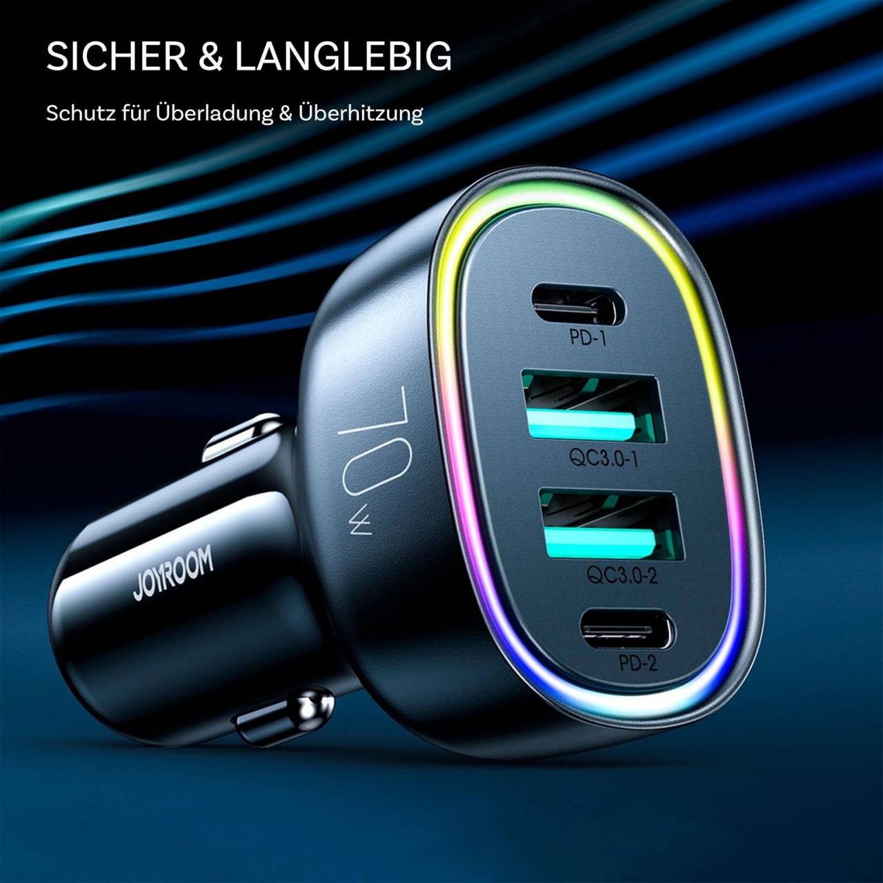 Joyroom Auto Ladegerät - Zigarettenanzünder USB-Ladegerät, Autoladeadapter 2x USB-A + 2x USB-C Anschluss, 70W