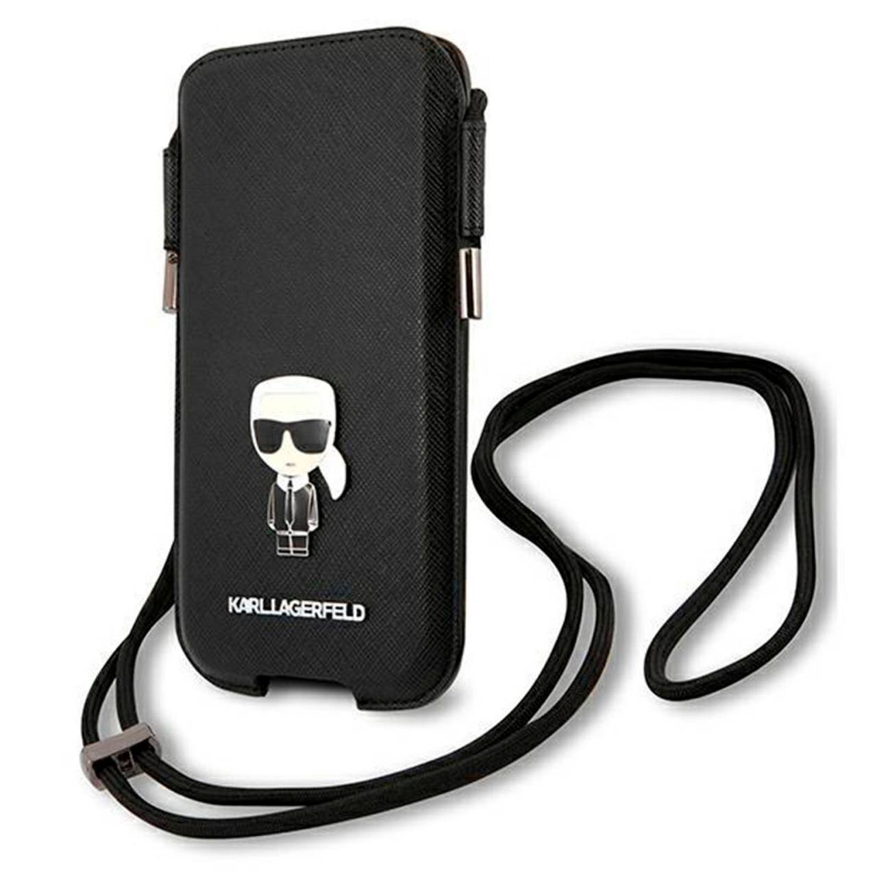 Karl Lagerfeld Saffiano Hardcase Handytasche – Karl Lagerfeld Handyhülle, Smartphone Umhängetasche mit Emblem