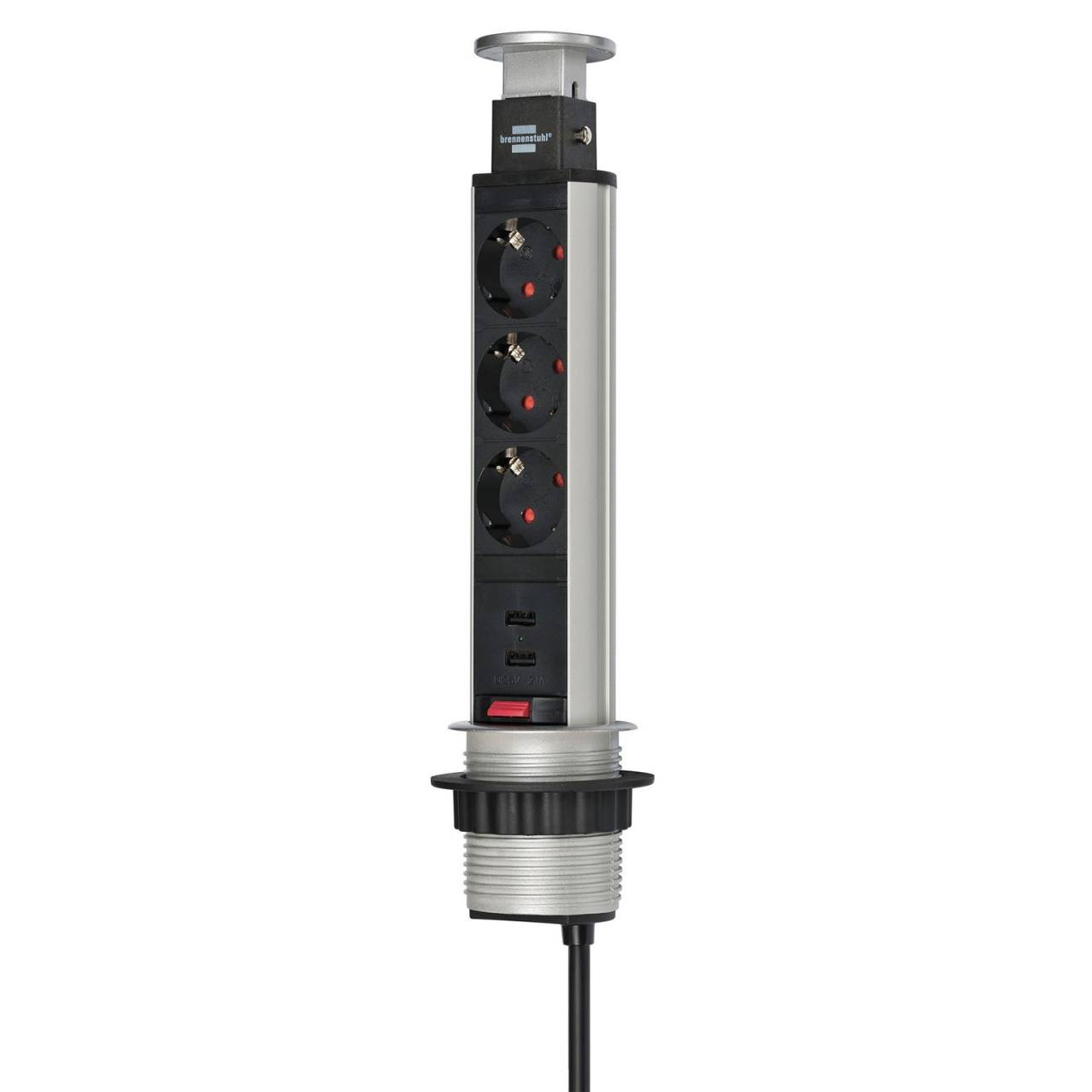 brennenstuhl Tower Power Tischsteckdosenleiste 3-fach – versenkbare Tischsteckdose 2m Kabel USB